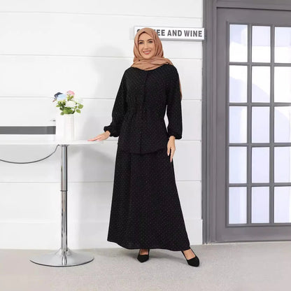 Ramadan Muslim Women Dubai Two Pieces Set Dress Buttons Tops Skirt Suit Abaya Arab Kaftan Islamic Eid Suits Turkey Casual ModestPURPLEXL