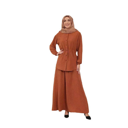 Ramadan Muslim Women Dubai Two Pieces Set Dress Buttons Tops Skirt Suit Abaya Arab Kaftan Islamic Eid Suits Turkey Casual ModestPURPLEXL