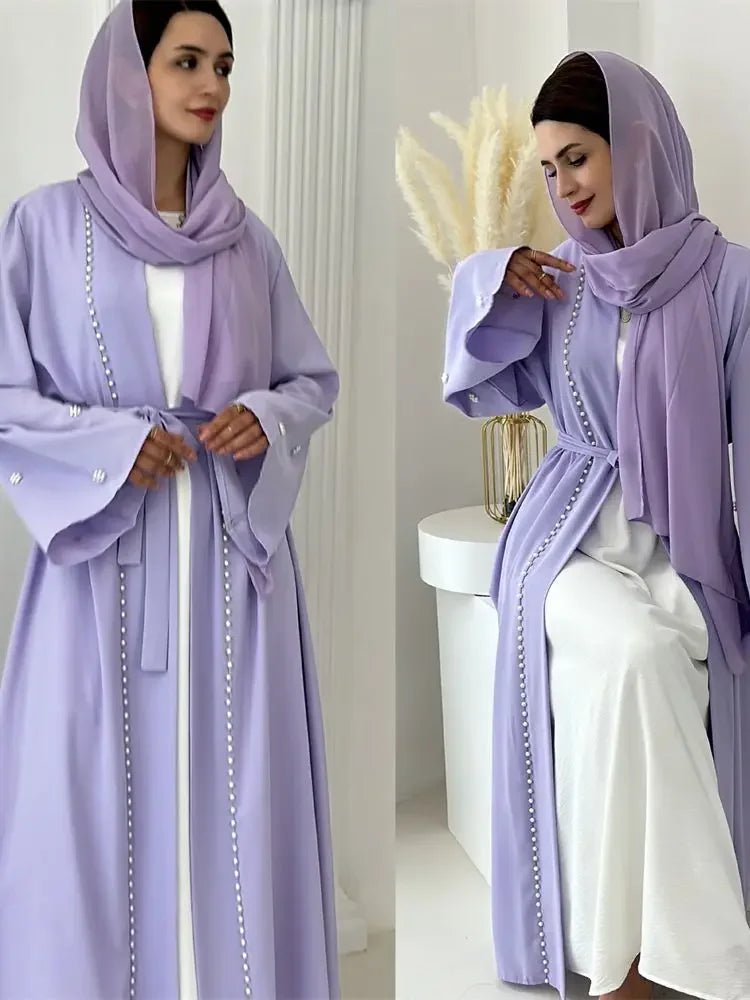 Ramadan Open Muslim Kimono Abaya Dubai Turkey Islam Arabic Abayas for Women Dress Kebaya Robe Femme Musulmane KaftansPurple No scarfL