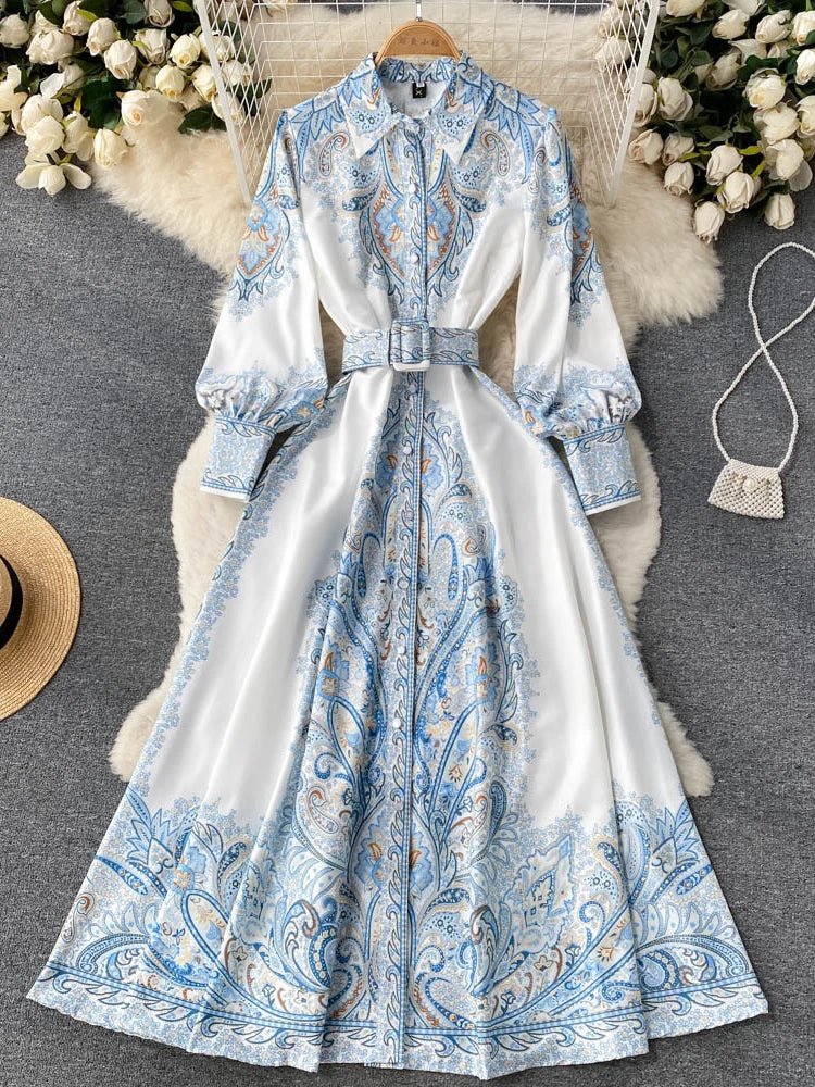 Retro Printed Party Dress Women Polo Collar Long Sleeve Elegant Long Dresses Spring Autumn French Single Breasted Shirt DressBlueXXL