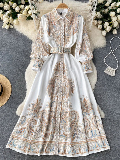 Retro Printed Party Dress Women Polo Collar Long Sleeve Elegant Long Dresses Spring Autumn French Single Breasted Shirt DresskhakiM