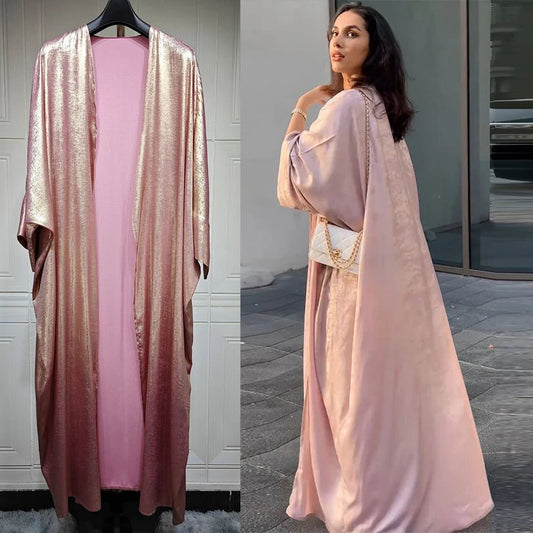 Shiny Batwing Satin Open Kimono Abaya Kaftan DressLavenderOne Size