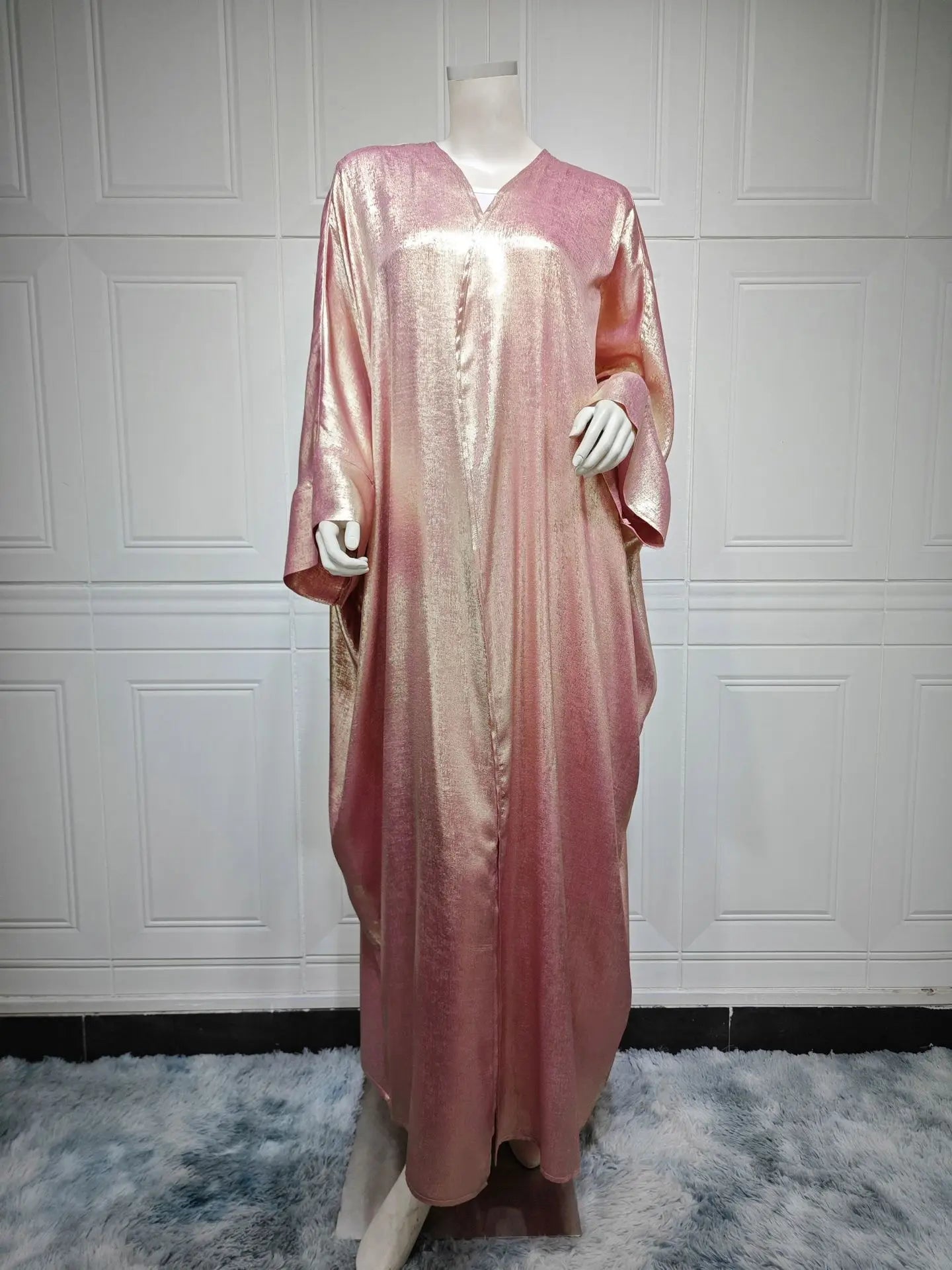 Shiny Batwing Satin Open Kimono Abaya Kaftan DressLavenderOne Size