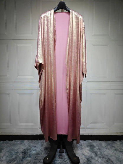 Shiny Batwing Satin Open Kimono Abaya Kaftan DressLavenderOne Size