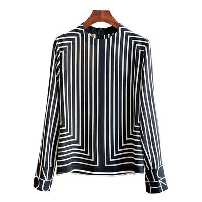 Silk Stripe Women's Blouses Summer 2023 Geometric Print Long Sleeves Shirts Loose Korean O - Neck New Casual TopblackXXXL