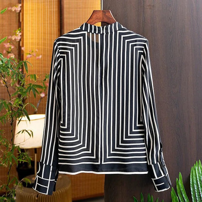 Silk Stripe Women's Blouses Summer 2023 Geometric Print Long Sleeves Shirts Loose Korean O - Neck New Casual TopblackXXXL