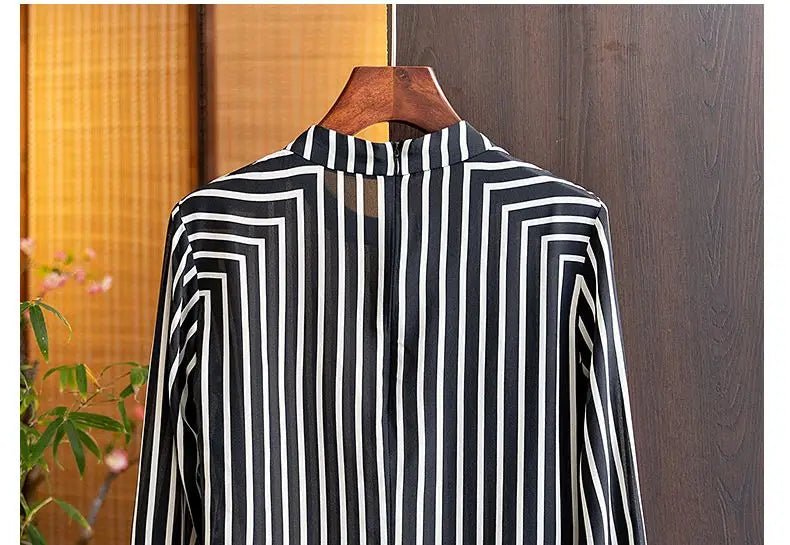 Silk Stripe Women's Blouses Summer 2023 Geometric Print Long Sleeves Shirts Loose Korean O - Neck New Casual TopblackXXXL