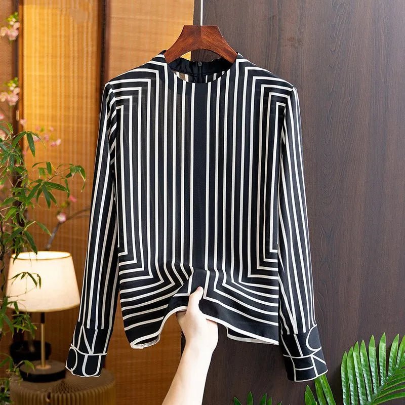 Silk Stripe Women's Blouses Summer 2023 Geometric Print Long Sleeves Shirts Loose Korean O - Neck New Casual TopblackXXXL