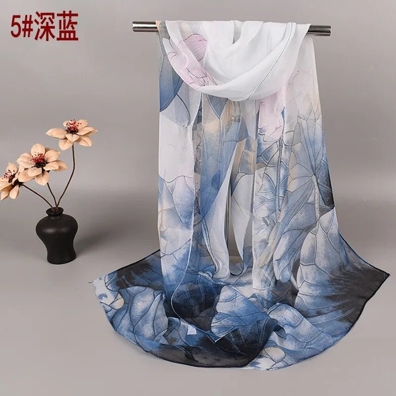 Spring and Summer Hot Selling Silk Scarves with Lotus Pattern 50*160 Printed Silk Scarves and Long Scarves WholesaleQQS001dark blue