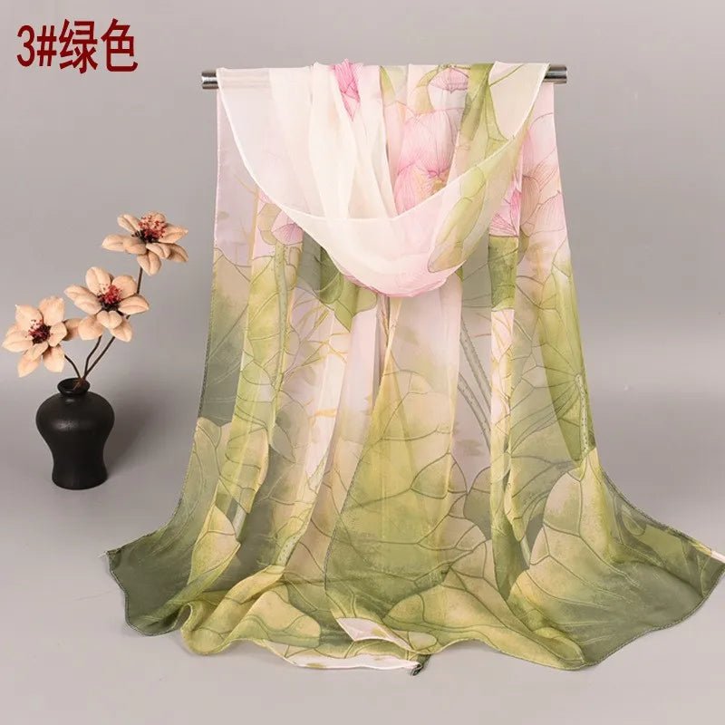 Spring and Summer Hot Selling Silk Scarves with Lotus Pattern 50*160 Printed Silk Scarves and Long Scarves WholesaleQQS001green