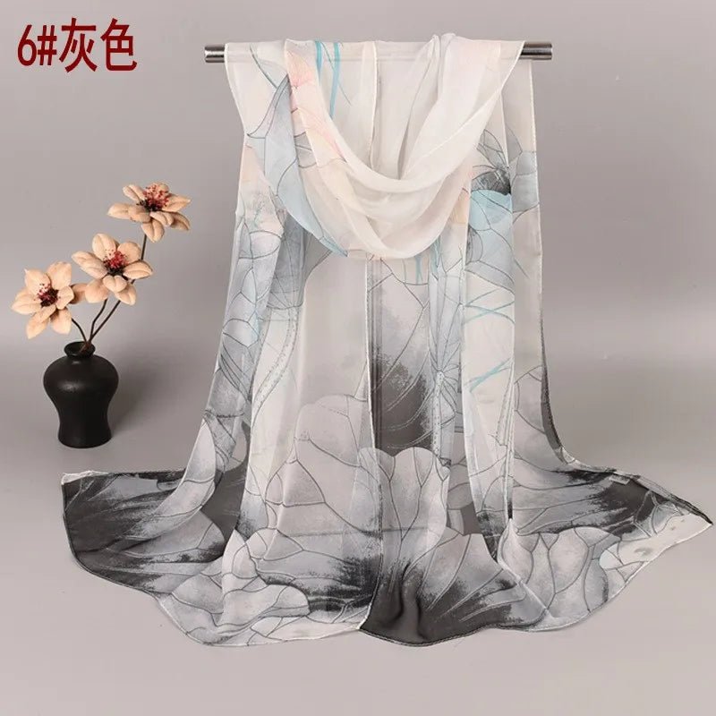 Spring and Summer Hot Selling Silk Scarves with Lotus Pattern 50*160 Printed Silk Scarves and Long Scarves WholesaleQQS001grey