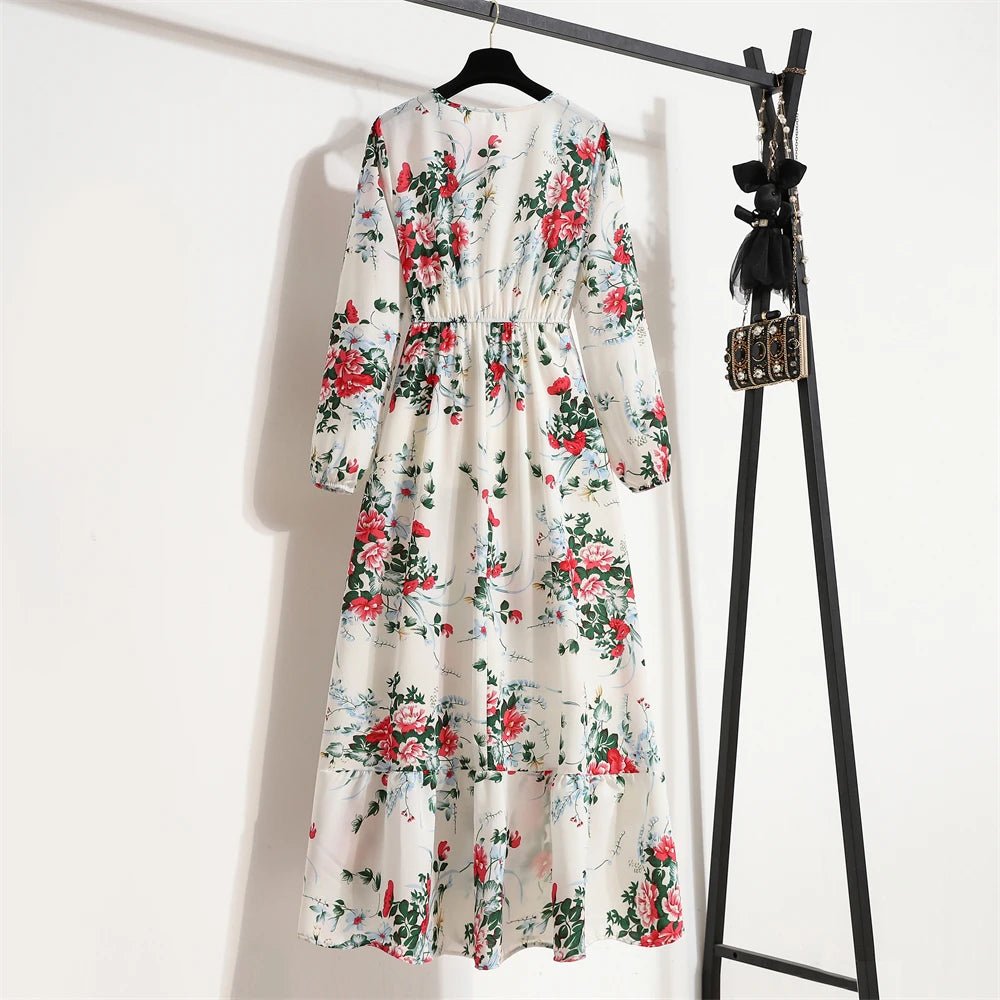 Spring Summer Women Maxi Dresses Office Lady Long Sleeve Floral Printed O - neck Woman Bohe Beach Party Long Dress Mujer Vestidos3S