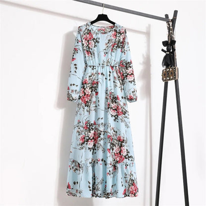 Spring Summer Women Maxi Dresses Office Lady Long Sleeve Floral Printed O - neck Woman Bohe Beach Party Long Dress Mujer Vestidos3S