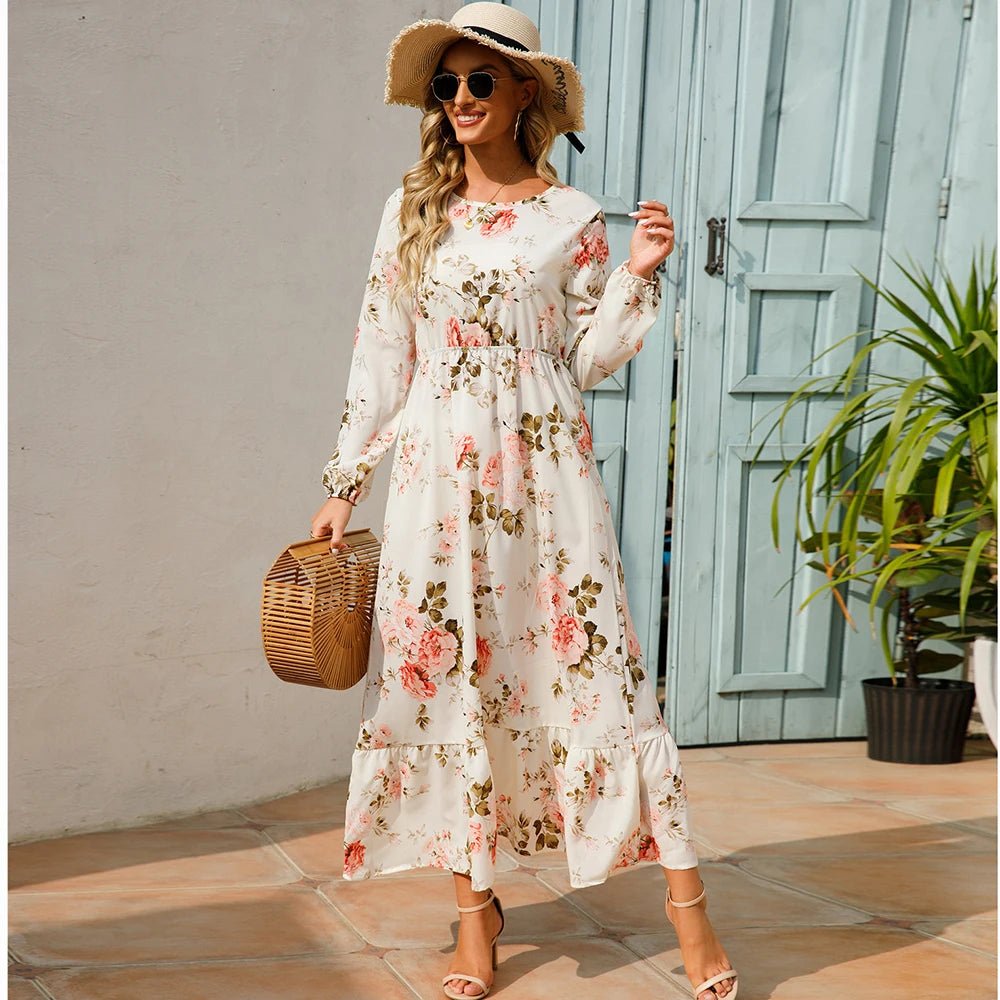 Spring Summer Women Maxi Dresses Office Lady Long Sleeve Floral Printed O - neck Woman Bohe Beach Party Long Dress Mujer Vestidos3S