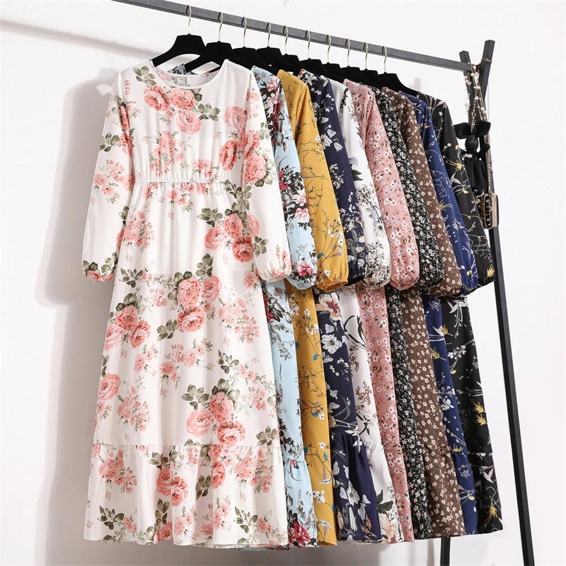 Spring Summer Women Maxi Dresses Office Lady Long Sleeve Floral Printed O - neck Woman Bohe Beach Party Long Dress Mujer Vestidos3S