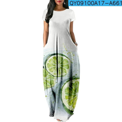 Summer Dress 2024 Hawaiian Fresh Fruit Print Maxi Dress Streetwear Women Luxury Beach Stylish Party Robe Holiday Girl VestidoA661 4M