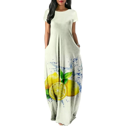 Summer Dress 2024 Hawaiian Fresh Fruit Print Maxi Dress Streetwear Women Luxury Beach Stylish Party Robe Holiday Girl VestidoA661XS