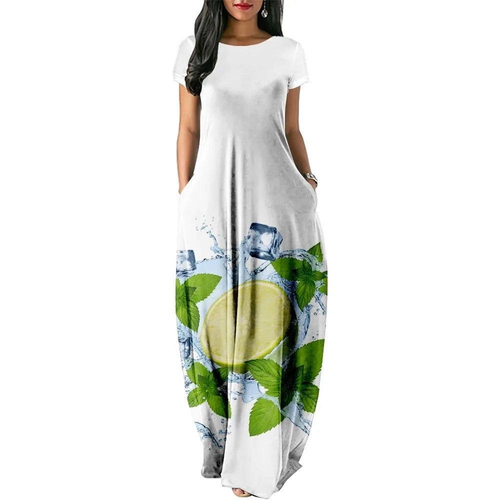 Summer Dress 2024 Hawaiian Fresh Fruit Print Maxi Dress Streetwear Women Luxury Beach Stylish Party Robe Holiday Girl VestidoA661XS