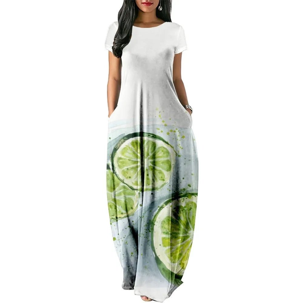 Summer Dress 2024 Hawaiian Fresh Fruit Print Maxi Dress Streetwear Women Luxury Beach Stylish Party Robe Holiday Girl VestidoA661XS