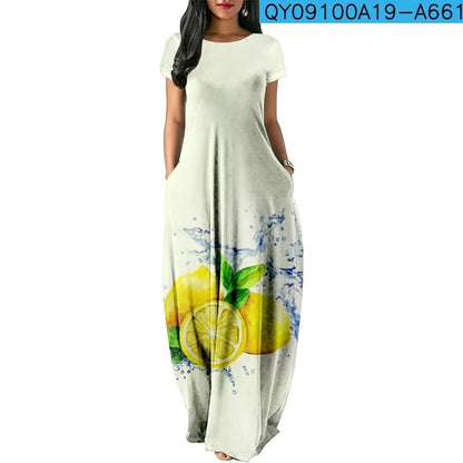 Summer Dress 2024 Hawaiian Fresh Fruit Print Maxi Dress Streetwear Women Luxury Beach Stylish Party Robe Holiday Girl VestidoA661XS