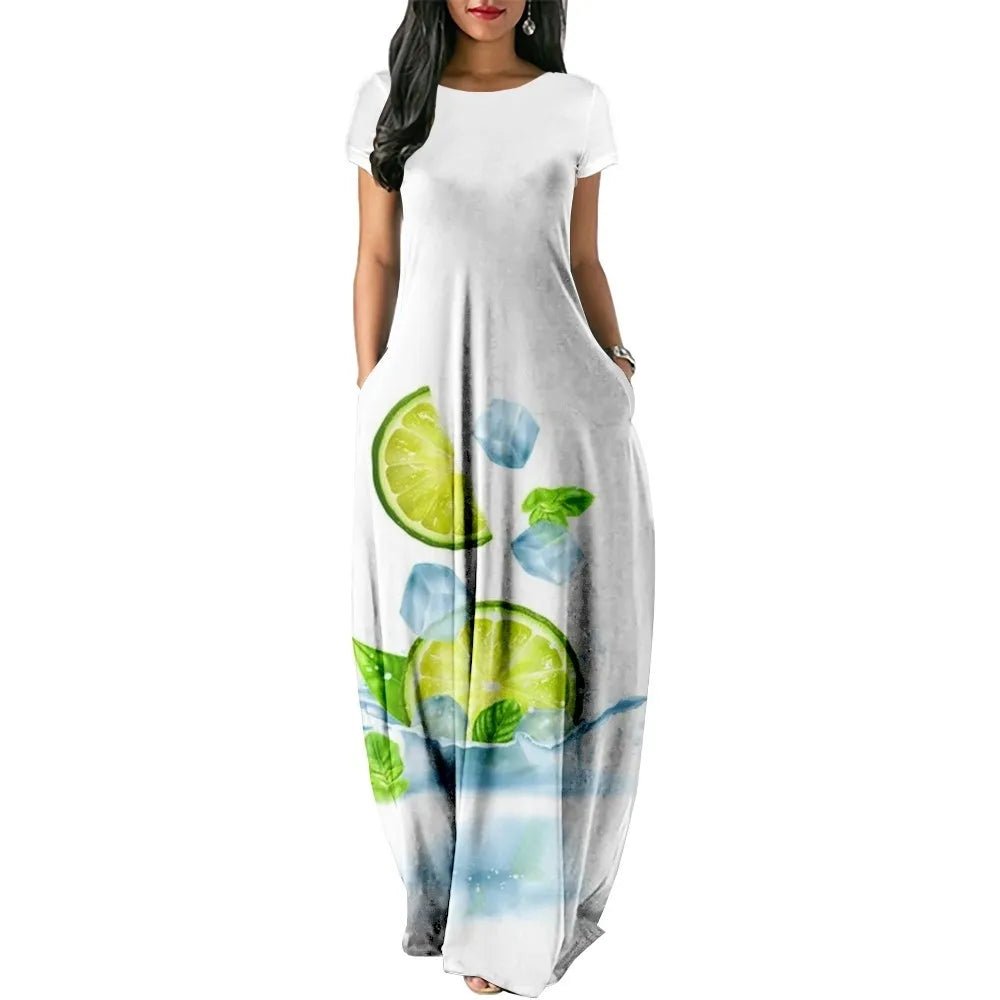 Summer Dress 2024 Hawaiian Fresh Fruit Print Maxi Dress Streetwear Women Luxury Beach Stylish Party Robe Holiday Girl VestidoA661XS