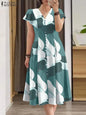 Summer Fashion Printed Dress ZANZEA Women V Neck Short Sleeve Sundress Robe Femme Bohemian Floral Holiday Midi Vestidos OversizeLBlue