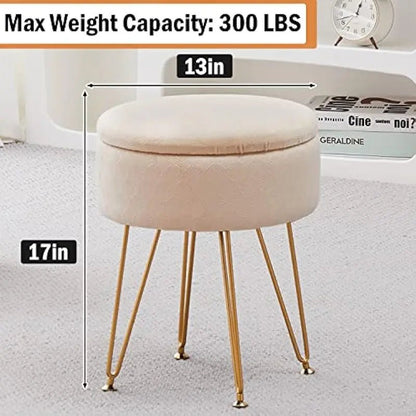 [Summer Sale]Joyfinity Home Velvet Storage Ottoman round Footrest Stool Multifunctional Upholstered Ottoman Modern Accent Vanity Stools Tray Top Coffee Table Suitable for Living Room BedroomCreamFurniture