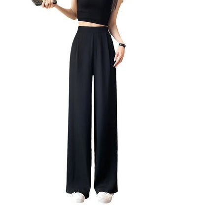 Thin Summer Wide - leg Pants Ice Filament Permeability Women Spring Women Elastic Waist Stright Long Wide Leg Pants Casual FemaleBlackM