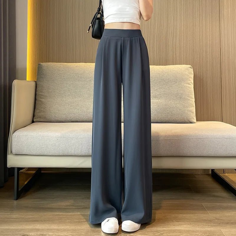 Thin Summer Wide - leg Pants Ice Filament Permeability Women Spring Women Elastic Waist Stright Long Wide Leg Pants Casual FemaleBlackM