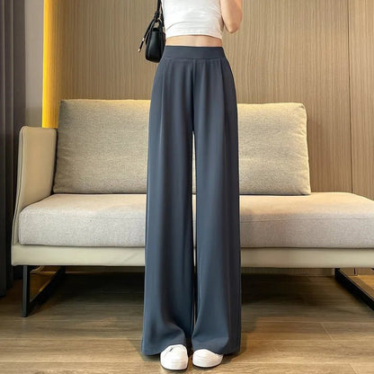 Thin Summer Wide - leg Pants Ice Filament Permeability Women Spring Women Elastic Waist Stright Long Wide Leg Pants Casual FemaleBlackM