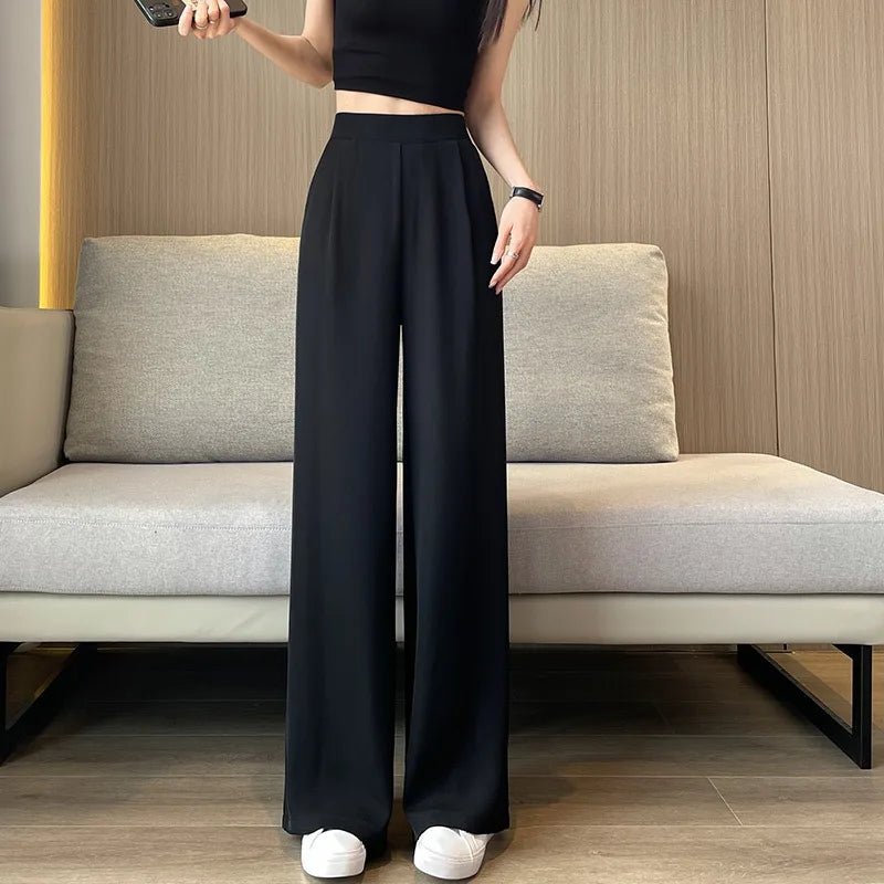 Thin Summer Wide - leg Pants Ice Filament Permeability Women Spring Women Elastic Waist Stright Long Wide Leg Pants Casual FemaleBlackM