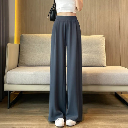 Thin Summer Wide - leg Pants Ice Filament Permeability Women Spring Women Elastic Waist Stright Long Wide Leg Pants Casual FemaleGrayL