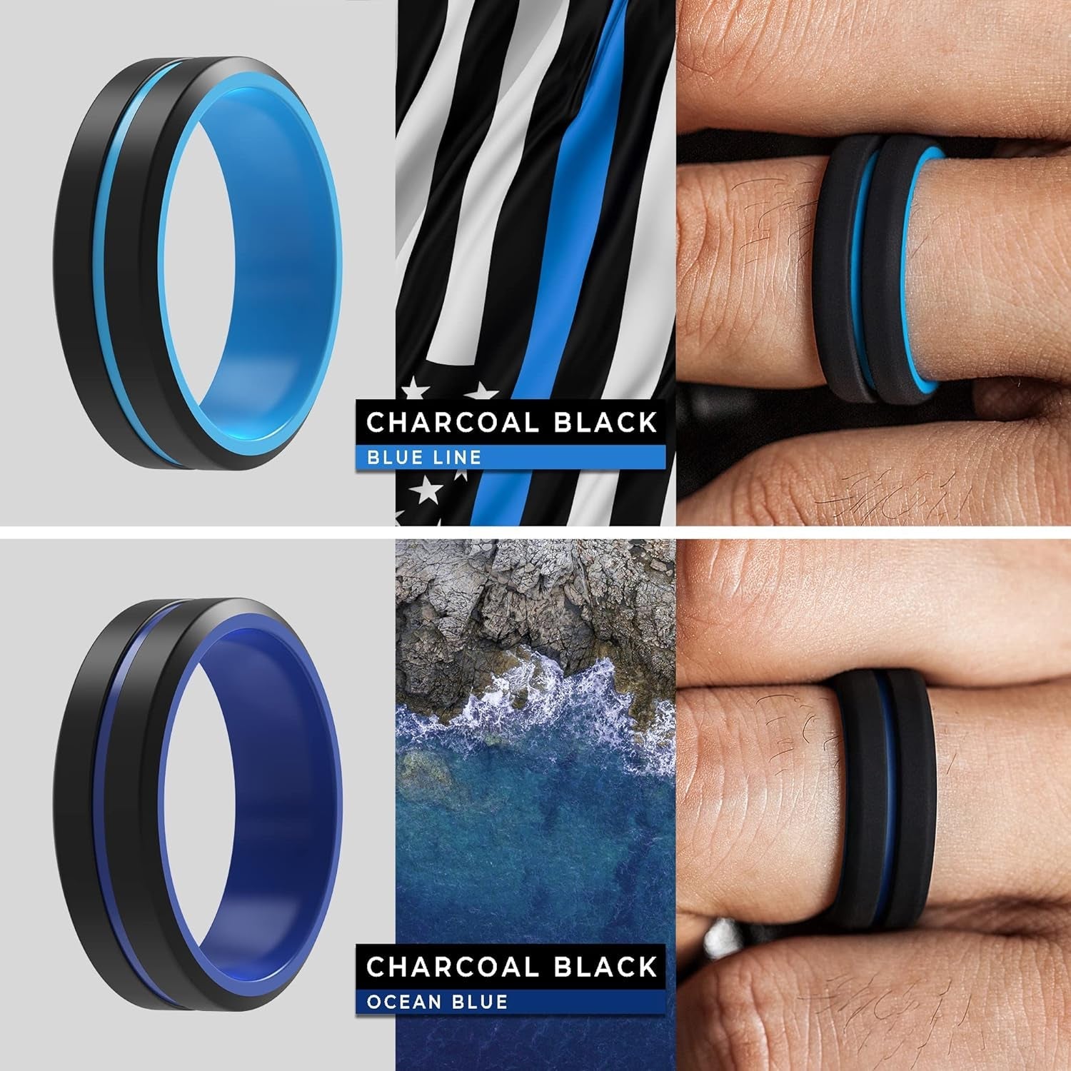 Thunderfit Silicone Wedding Rings for Men 2 Layers, Beveled Edge Rubber Engagement Bands 8.2Mm Wide 2.5Mm Thick - 1/2/3/4/5/6/7 Variety MultipackPack J: Black - Royal Blue, Black - Grey, Black - Blue, Grey - Black11.5 - 12 (21.3Mm)ClothingJewelryMen