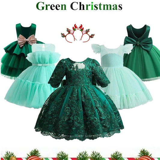 Toddler Baby Girls Lace Dresses Embroidery Elegant Christmas Princess Dresses for 1 - 5 Yrs Newborn Infant Outfits Green ChristmasC00730 - LV9M