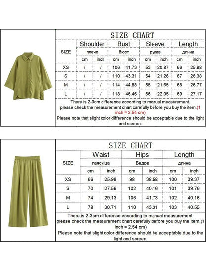 TRAF 2 Pieces New Wide Leg Pants Sets For Women 2024 Fashion Loose Casual Shirts Top Women's Suit Two Piece Set Women OutfitgreenL