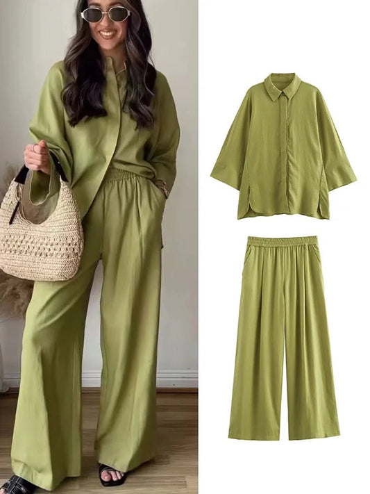 TRAF 2 Pieces New Wide Leg Pants Sets For Women 2024 Fashion Loose Casual Shirts Top Women's Suit Two Piece Set Women OutfitgreenL