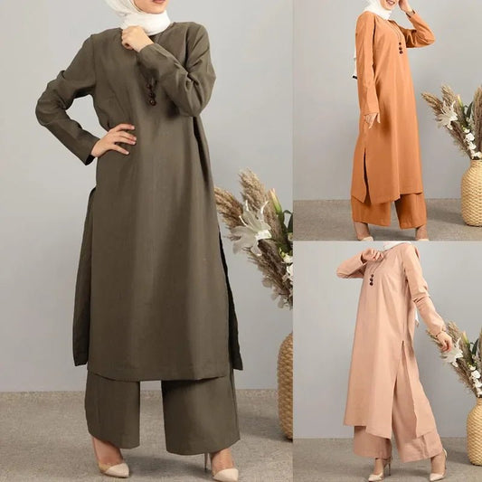 Two Piece Sets Abaya Turkey Split Dress PantarmygreenS