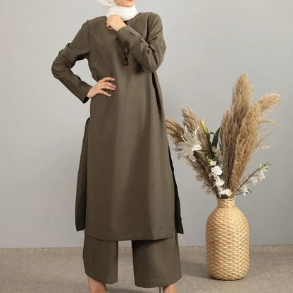 Two Piece Sets Abaya Turkey Split Dress PantarmygreenS