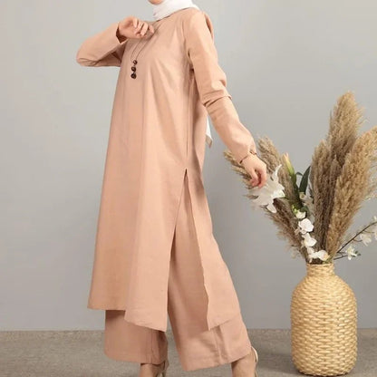 Two Piece Sets Abaya Turkey Split Dress PantPinkS