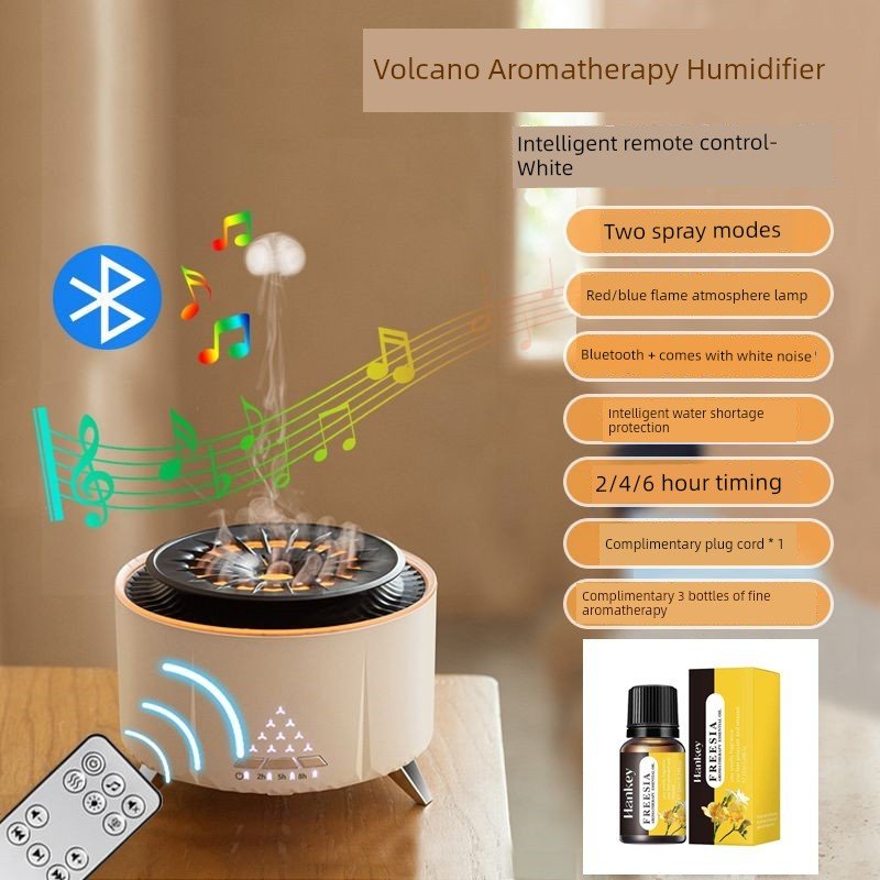 Volcano Bluetooth Audio Ambience Light Good - looking HumidifierWhite Tianqing upgraded Bluetooth audio remote control +3 bottles of essential oil (power plug - in + two - color flame + white noise to help sleep)