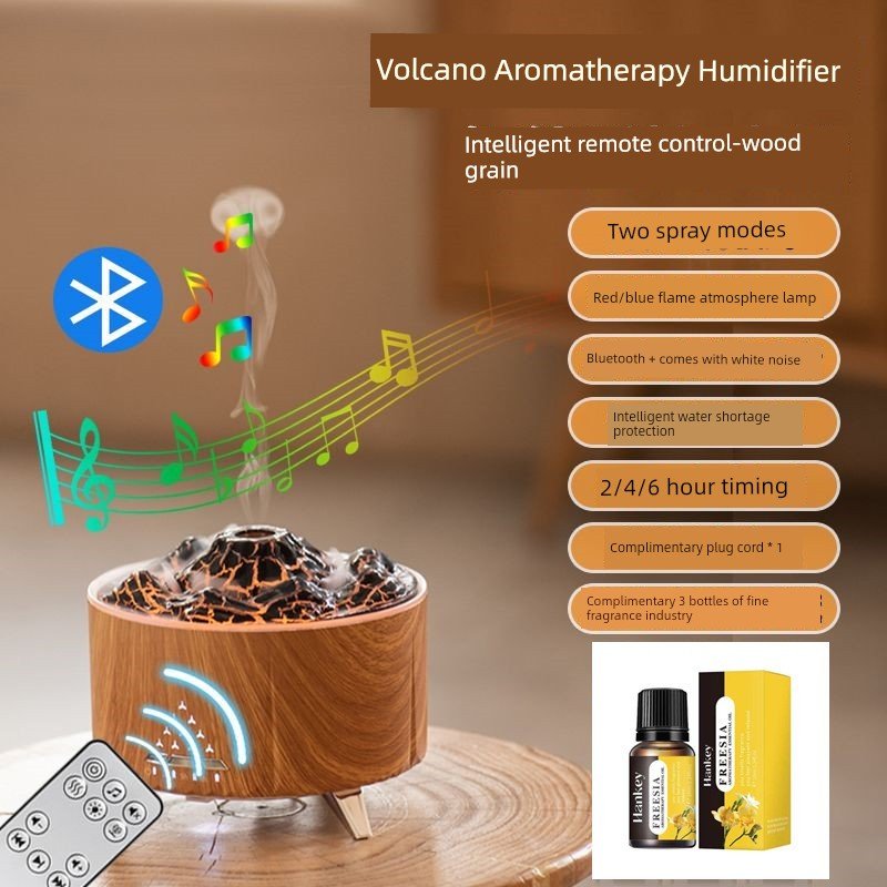 Volcano Bluetooth Audio Ambience Light Good - looking HumidifierWood grain lava upgraded Bluetooth audio remote control +3 bottles of essential oil (power plug - in + double color flame + white noise to help sleep)