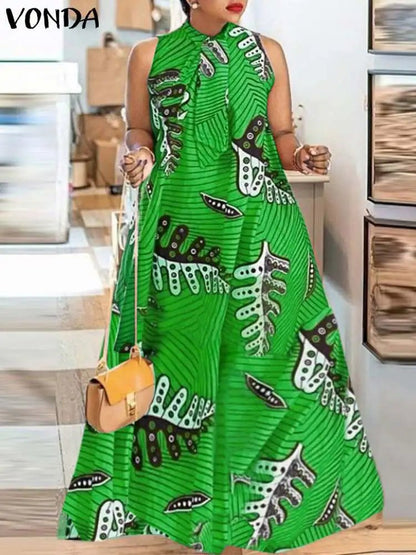 VONDA 2024 Summer Sleeveless Long Dress Fashion Women Bohemian Printed Sundress Maxi Robe Casual Loose Holiday Party VestidosMgreen