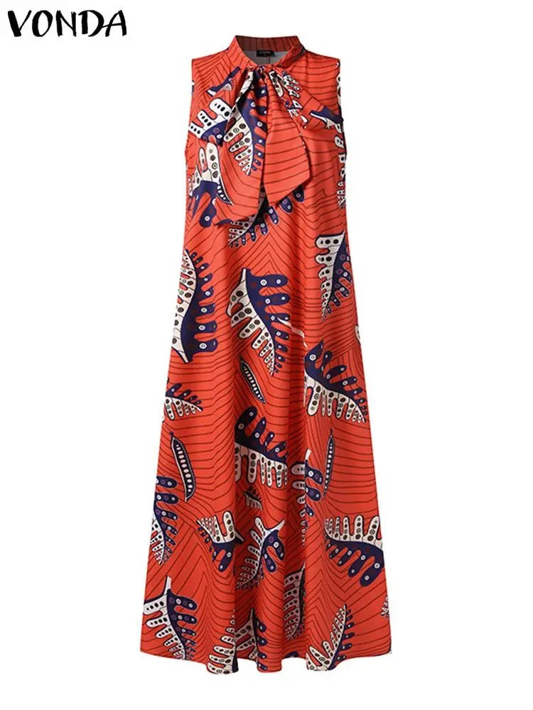 VONDA 2024 Summer Sleeveless Long Dress Fashion Women Bohemian Printed Sundress Maxi Robe Casual Loose Holiday Party VestidosMOrange