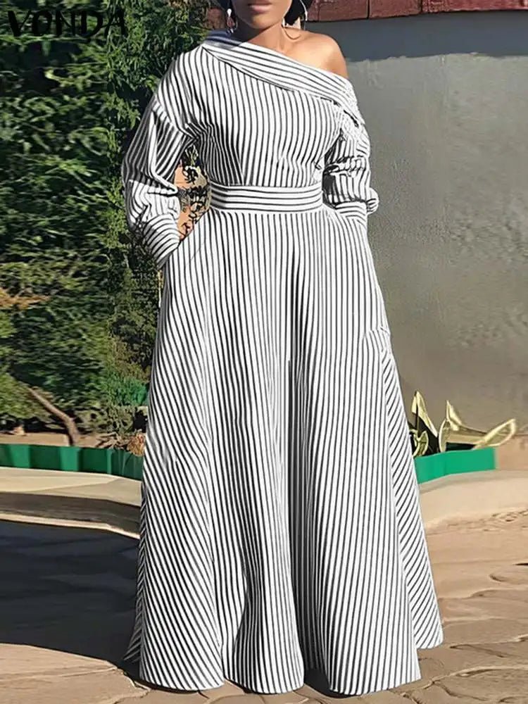 VONDA 2024 Women Elegant Striped Maxi Dress Bohemian Sundress Casual Loose Off Shoulder Long Sleeve Party Vestidos Robe Femmeblack5XL