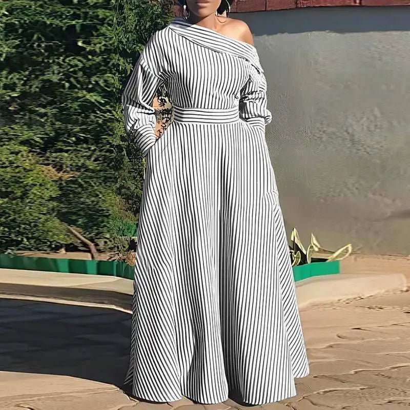 VONDA 2024 Women Elegant Striped Maxi Dress Bohemian Sundress Casual Loose Off Shoulder Long Sleeve Party Vestidos Robe Femmeblack5XL