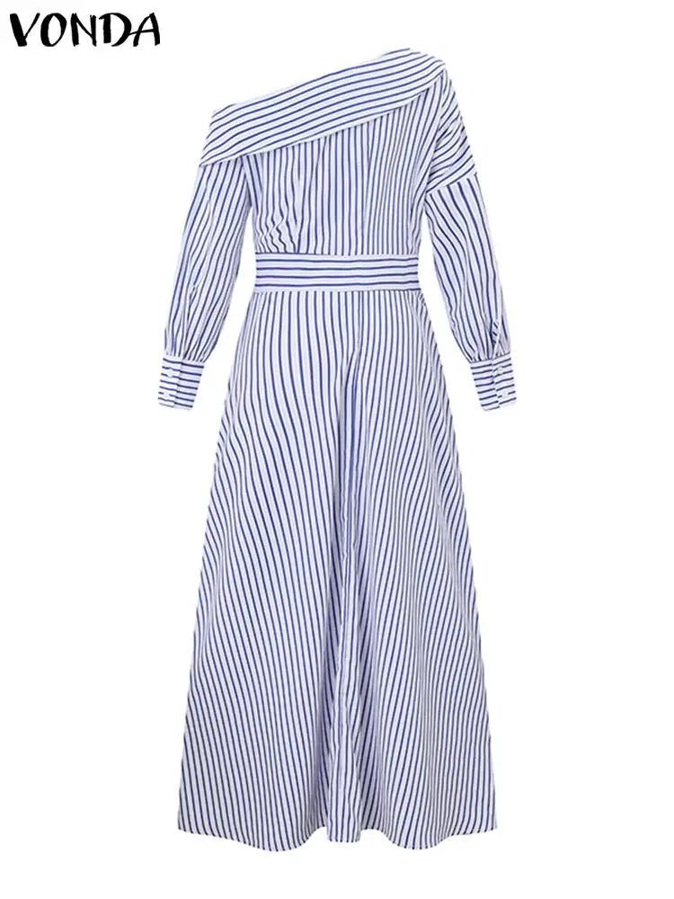 VONDA 2024 Women Elegant Striped Maxi Dress Bohemian Sundress Casual Loose Off Shoulder Long Sleeve Party Vestidos Robe Femmeblack5XL