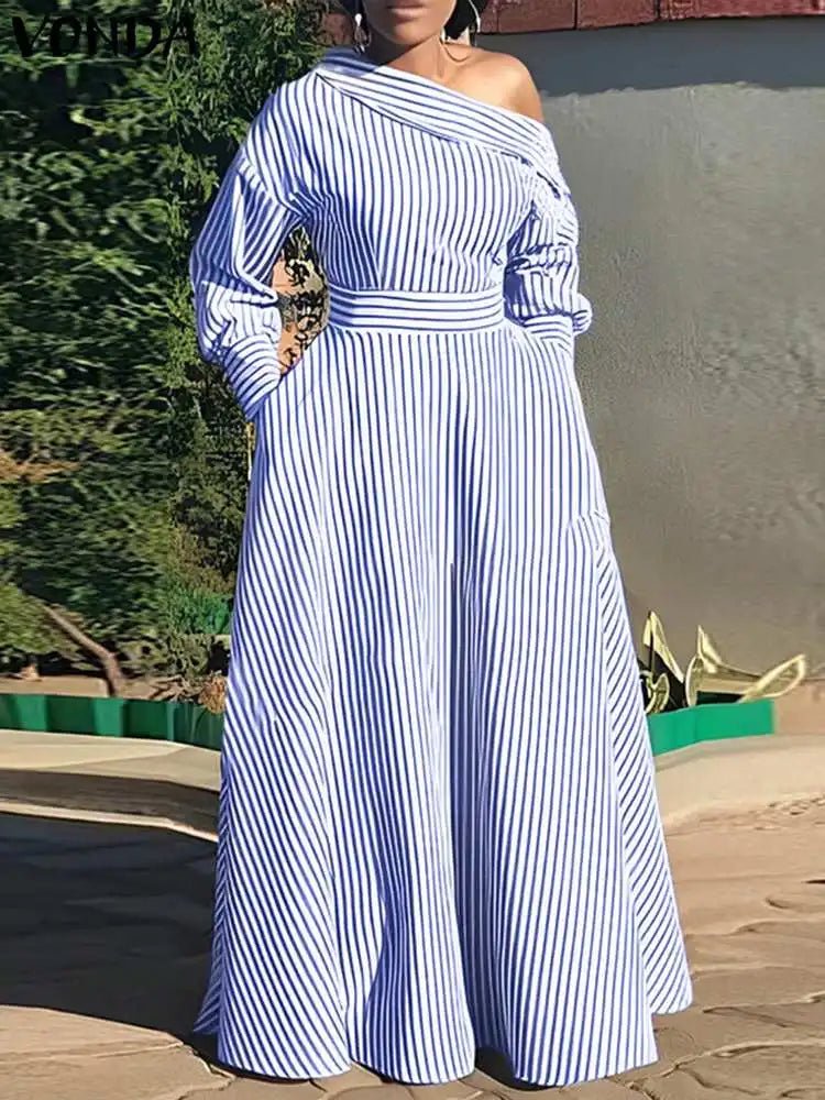 VONDA 2024 Women Elegant Striped Maxi Dress Bohemian Sundress Casual Loose Off Shoulder Long Sleeve Party Vestidos Robe Femmeblack5XL