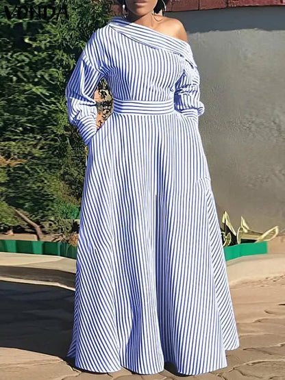 VONDA 2024 Women Elegant Striped Maxi Dress Bohemian Sundress Casual Loose Off Shoulder Long Sleeve Party Vestidos Robe Femmeblack5XL