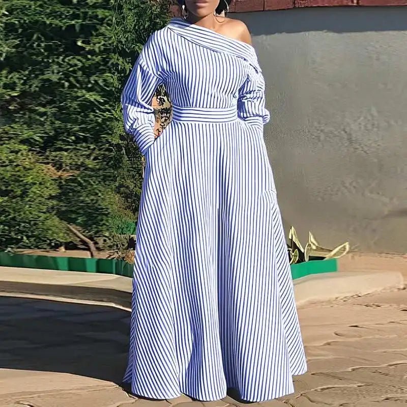 VONDA 2024 Women Elegant Striped Maxi Dress Bohemian Sundress Casual Loose Off Shoulder Long Sleeve Party Vestidos Robe FemmeDark BlueM