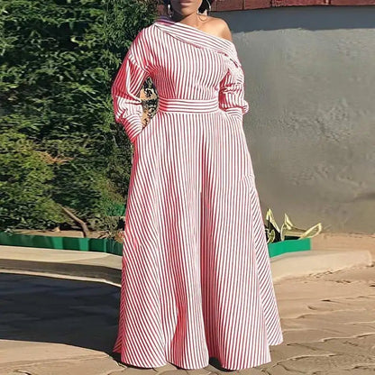 VONDA 2024 Women Elegant Striped Maxi Dress Bohemian Sundress Casual Loose Off Shoulder Long Sleeve Party Vestidos Robe FemmeRed5XL